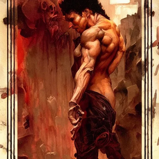 Image similar to Roguish Picaro Dsurion stands at the gates of Hades Hand Crafted By Rodin. Painting by greg rutkowski Donato Giancola Jeff Simpson norman rockwell stamp watercolor