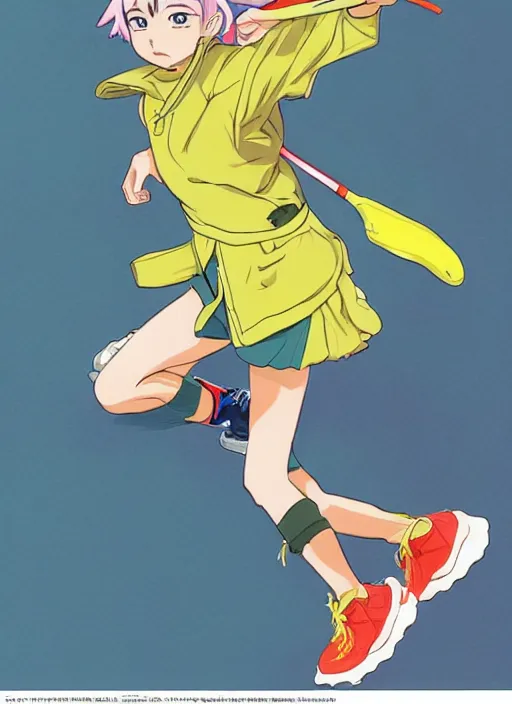 Prompt: a shonen jump color page illustration of a futuristic tennis girl wearing yeezy 5 0 0 sneakers and an anorak inspired in inuyasha by brian froud and frank frazetta