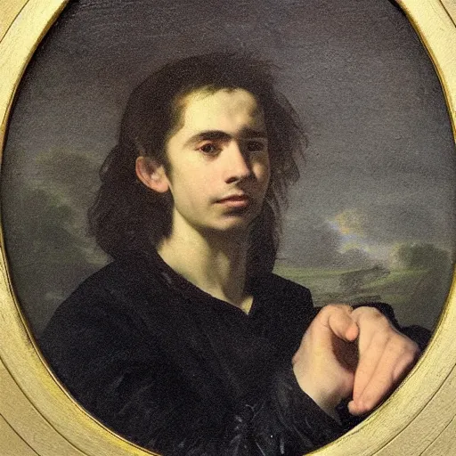 Image similar to portrait of a young gentleman in the style of valentin de boulogne, beautiful landscape in the background