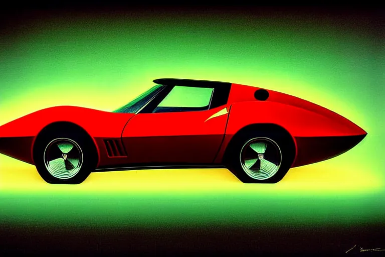 Image similar to designed by giorgetto giugiaro stylized poster of a single 1 9 6 9 corvette concept, thick neon lights, ektachrome photograph, volumetric lighting, f 8 aperture, cinematic eastman 5 3 8 4 film