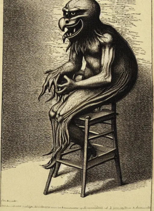 Image similar to elmo sits on a stool, demon from the dictionarre infernal, etching by louis le breton, 1 8 6 9, 1 2 0 0 dpi scan, ultrasharp detail, clean scan