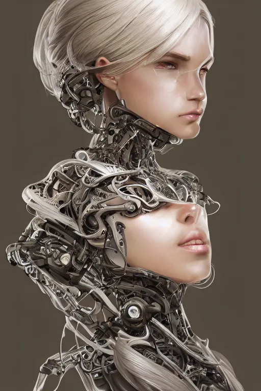 Prompt: organic cyborg head wrapped in silk, 3d, third person, sci-fi fantasy, intricate, elegant, highly detailed, lifelike, photorealistic, digital painting, artstation, illustration, concept art, sharp focus, art in the style of Shigenori Soejima