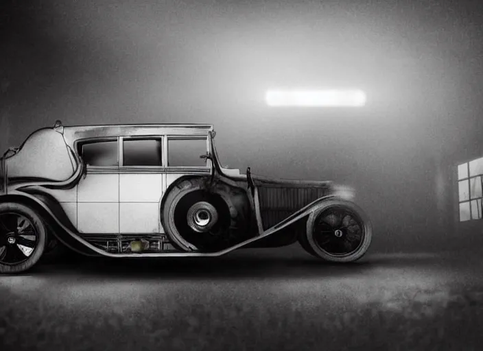 Prompt: Concept car based on Model-T Ford, Rolls Royce Silver Ghost, and the 1936 Mercedes-Benz 500K in an underground garage. Photo-realistic, dark atmospheric, volumetric lighting, moody, dark, cyberpunk, cinematic. Roger Deakins Cinematography, Ikuo Maeda, Thomas Sigel, Yalim Erkaya and Marcus Quach