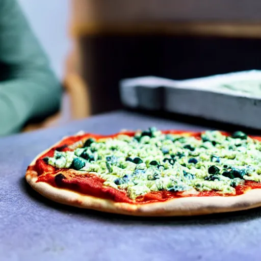 Prompt: a pizza with blue sauce and green cheese