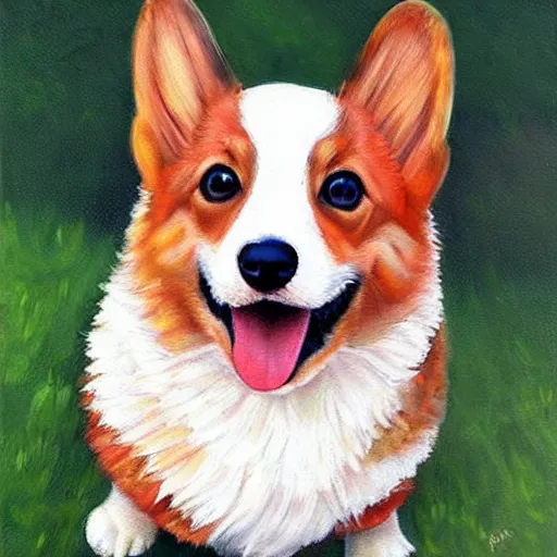 Prompt: corgi realistic painting, happy, cute, smiling