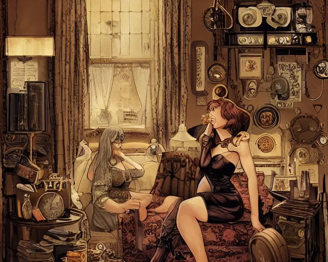 Image similar to women in the interior of a steampunk apartment, Milo Manara, night time, Margot Robbie, Scarlett Johanson, zoey Deschannel, smoking cigarettes, playing board games, highly detailed, Tarantino movie posters, melancholy, level design, concept art, artstation, cgsociety, zenith view H- 350