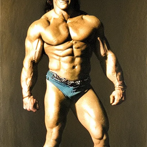 Prompt: full body portrait of barbarian arnold schwarzenegger by frank frazetta