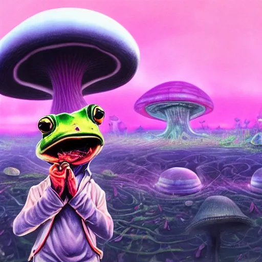 Image similar to A close up portrait of a horrifying psychedelic godlike anthropomorphic frog smoking an anime blunt , magic mushroom village in background . award winning. superb resolution. in the art style of junji Ito and greg rutkowski . Detailed Mushroom city in background. Hyper realistic anime. Perfect art. Dalle2