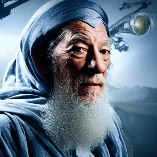 Image similar to landscape photo of ian mckellen as osama bin laden in a dark hood fighting an alien invasion by creatures from jupiter, arial shot, highly detailed, cinematic shot, cinematic lighting, 8 k.