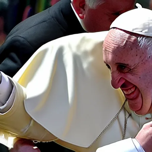 Prompt: Pope Francis hugging a fleshy otherworldly creature with many eyes and tendrils