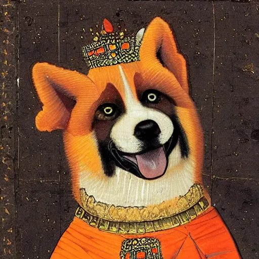 Image similar to female red akita inu dog dressed as a queen in an ornate dress with orange slices pattern, medieval painting