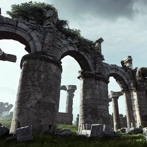 Prompt: the ancient ruined stone architecture of an ancient castle, large rounded stone buildings surrounded by columns, some with roofs that have fallen in, others are leaning to one side or another, debris strewn across the landscape, it seems as though something catastrophic happened here long ago, epic scale, cinematic, CG rendering