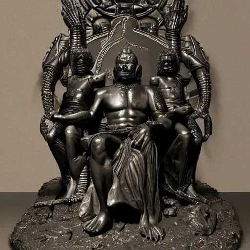 Prompt: The sculpture shows a the large, black-clad figure of the king looming over a small, defenseless figure huddled at his feet. The king's face is hidden in shadow, but his menacing stance and the large, sharp claws on his hands make it clear that he is a dangerous and powerful creature. onyx by Ravi Zupa, by Wendy Froud churning, unified