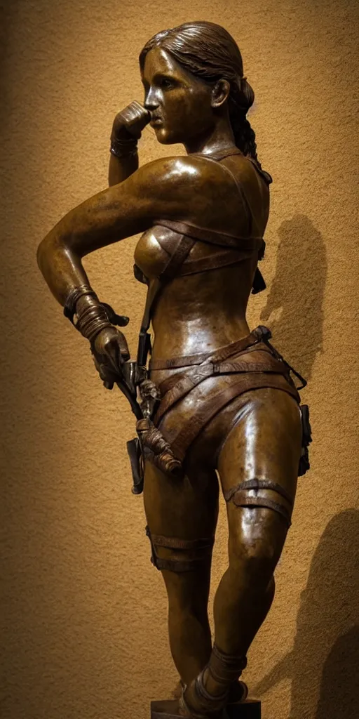 Prompt: detailed photo of an old bronze patina statue of a beautiful lara croft posing for a portrait, intricate detail, museum diffuse lighting