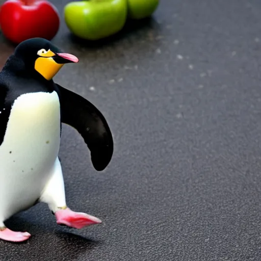 Prompt: penguin running in the kitchen with a knife in it's hand, 4k