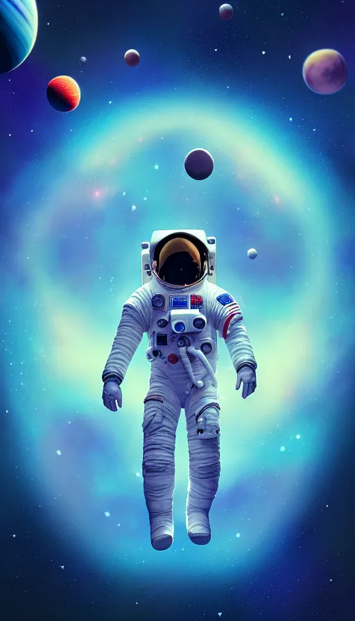 Image similar to a beautiful universe composition, astronaut floating, planets, sky, dream, highly detailed, digital painting, refreshing, trending on artstation, octane render, illustration by james jean