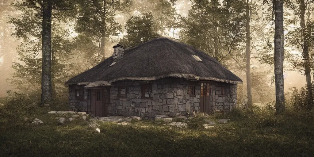 Image similar to a single cottage with a thached roof in the woods and empty woods, 8k, fantasy, realistic, dramatic lighting, cinematic