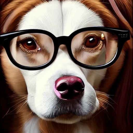 Prompt: a female dog wearing glasses, digital art, very feminine face, very detailed eyes, by wlop, gregrutkowski