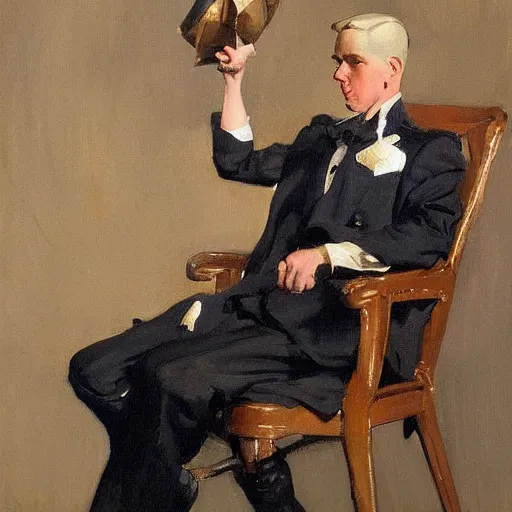 Prompt: Thanks for sharing. Leyendecker's work pairs well against Sargent's before it. Whereas Sargent opts for soft edges nearly everywhere save a few points of sharp focus, Leyendecker sharpens every corner of every subject to a crisp finish. The difference may be one of scale: while Sargent intended his work to be viewed in person at full size, Leyendecker worked toward page-sized, eye-catching reproductions. Straddling both ends of this spectrum, Brad Holland's oeuvre features sharply-contoured editorial work [1] *and* softer, more mercurial canvases [2].