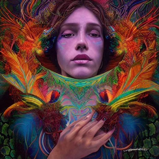 Image similar to A reality bending psychedelic ayahuasca experience in semi darkness with many fire flies, colorful, distorted, surreal, tropical bird feathers, dramatic lighting on the face, intricate, elegant, highly detailed, digital painting, concept art, smooth, sharp focus, illustration, art by Krenz Cushart and Wayne Barlowe and alphonse mucha