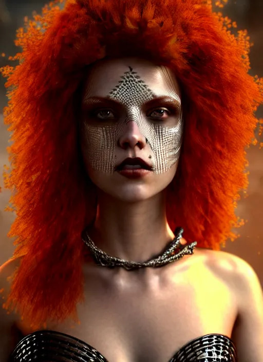 Image similar to a single fierce looking beautiful young woman with curly red hair and symmetrical white makeup, wrapped in chainmail, wearing an intricate headdress made from bones and leather, painted by turner, intricate linework, unreal engine 5 highly rendered, global illumination, radiant light, detailed and intricate environment