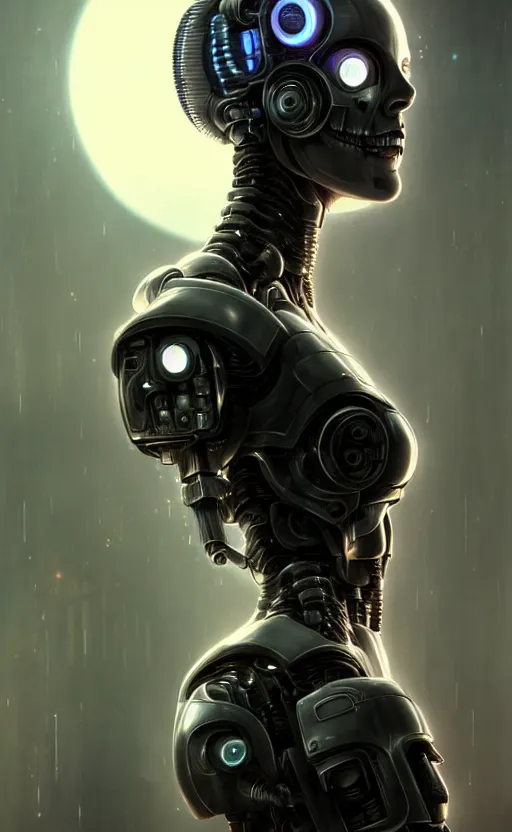 Image similar to beautiful crying! female mechanical android!, half portrait, intricate detailed environment, photorealistic!, octane render, concept art, cinematic, interstellar, ultra detailed, sharp, el dia los muertos!, cyberpunk, bladerunner, 8 k, by angus mckie, moebius, maciej kuciara, stanley lau, artgerm, greg rutkowski