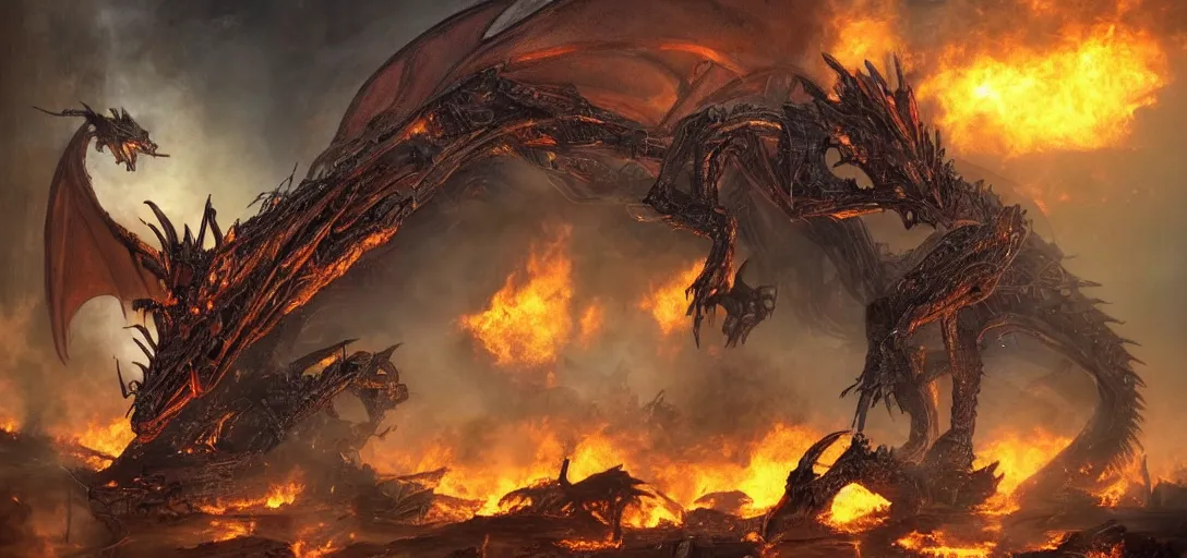 Image similar to a mecanic dragon with big mouth destroy a building with fire in the night, dark fantasy, apocalypse