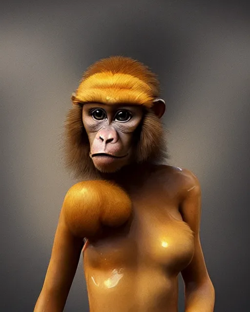 Image similar to beautiful monkey as honey, made of honey, wearing honey - themed miniskirt, award winning creature portrait photography, extremely detailed, artstation, 8 k, sensual lighting, incredible art, wlop, artgerm, backlit, rim lighting, hi - fructose