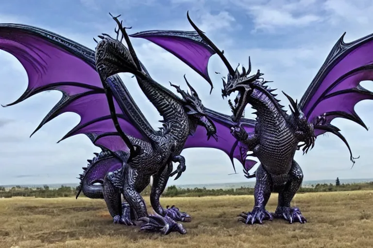 Prompt: 128 foot tall silver western style dragon that has purple accents, 360 foot wingspan, and jagged yet smooth plated scales