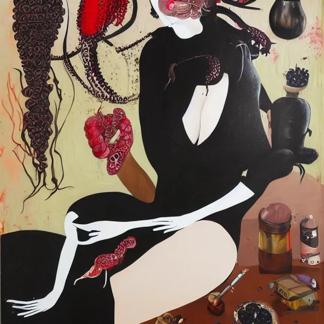 Prompt: sensual, a portrait in a female art student's bedroom, black walls, a woman sitting on a bed made of pancakes, honey dripping, berries dripping, chocolate, surgical supplies, ikebana, octopus, neo - expressionism, surrealism, acrylic and spray paint and oilstick on canvas