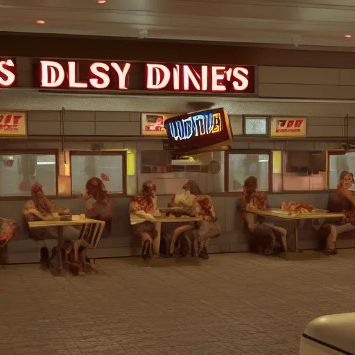 Image similar to 1990's diner full of zombies, 8k, octane render