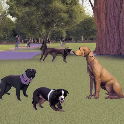 Image similar to doggos in the park, photorealistic