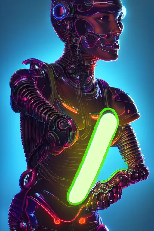 Image similar to portrait of a cyborg girl with a ribbed biomechanic armor and neon light, illustrated by Michael Whelan , digital painting, highly detailed, trending on artstation