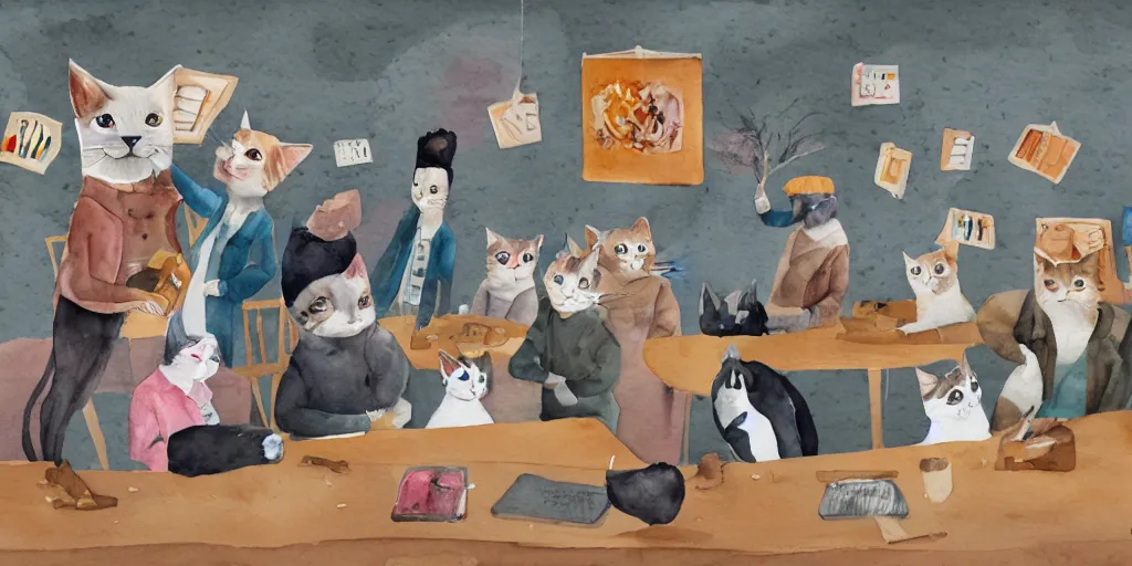 Prompt: watercolor illustration style, cats in jackets research meet in big table, business, inspiring art