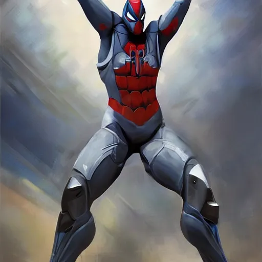 Image similar to greg manchess portrait painting of armored spiderman ultraman grey fox from metal gear cyborg gay japanese - american hybrid as overwatch character, medium shot, asymmetrical, profile picture, organic painting, sunny day, matte painting, bold shapes, hard edges, street art, trending on artstation, by huang guangjian and ail elvgren and sachin teng