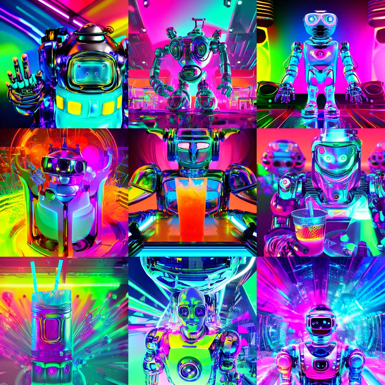 Prompt: robodad cybercore disco rave. icy colorful drink. bright scene. fine detail. this 4 k hd image is trending on artstation, featured on behance, well - rendered, extra crisp, features intricate detail, epic composition and the style of unreal engine.