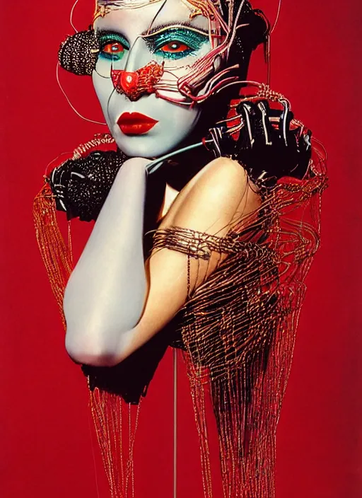 Prompt: an 8 0 s portrait of a woman with dark eye - shadow and red lips with dark slicked back hair, a mask made of wire and beads, dreaming acid - fueled hallucinations, hallucination psychedelic by serge lutens, rolf armstrong, delphin enjolras, peter elson, red cloth background, frilled puffy collar