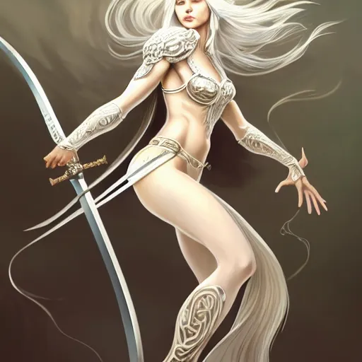 Image similar to full body painting of a woman with flowing luscious glowing white hair standing whilst holding a sword, wearing intricate plate - armor and leather underneath. intricate, elegant, highly detailed, digital painting, artstation, concept art, smooth, sharp focus, illustration, by terry wei, qiu fang, tooth wu, kan liu, siwoo kim, jisu choe