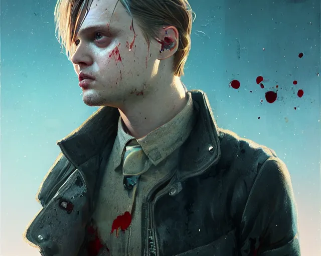 Image similar to highly detailed portrait of michael pitt as an android covered in blood, in detroit : become human, stephen bliss, unreal engine, fantasy art by greg rutkowski, loish, rhads, ferdinand knab, makoto shinkai and lois van baarle, ilya kuvshinov, rossdraws, tom bagshaw, global illumination, radiant light, detailed and intricate environment