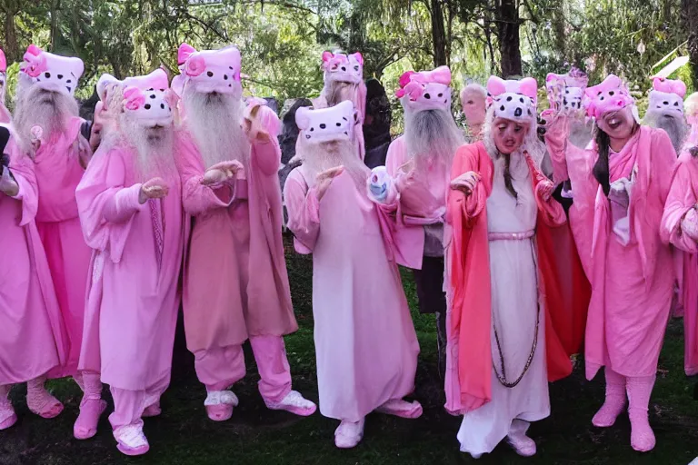 Image similar to group shot of many Gandalfs wearing pink Hello kitty costumes, laughing maniacally, sunrise, movie still from Lord of the Rings, cinematic