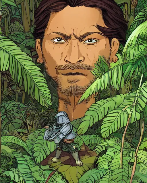 Image similar to portrait of a conquistador in a jungle, by nicola saviori, and dan mora, studio ghibli color scheme, highly detailed