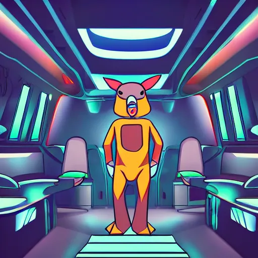 Prompt: an anthropomorphic kangaroo in a spaceship, interior photo, anime style, futuristic, cell shading high resolution