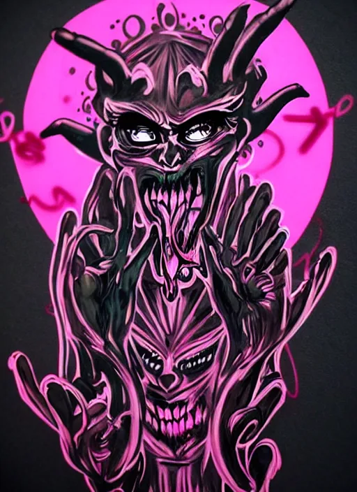 Prompt: beautiful graffiti demons on black background paper