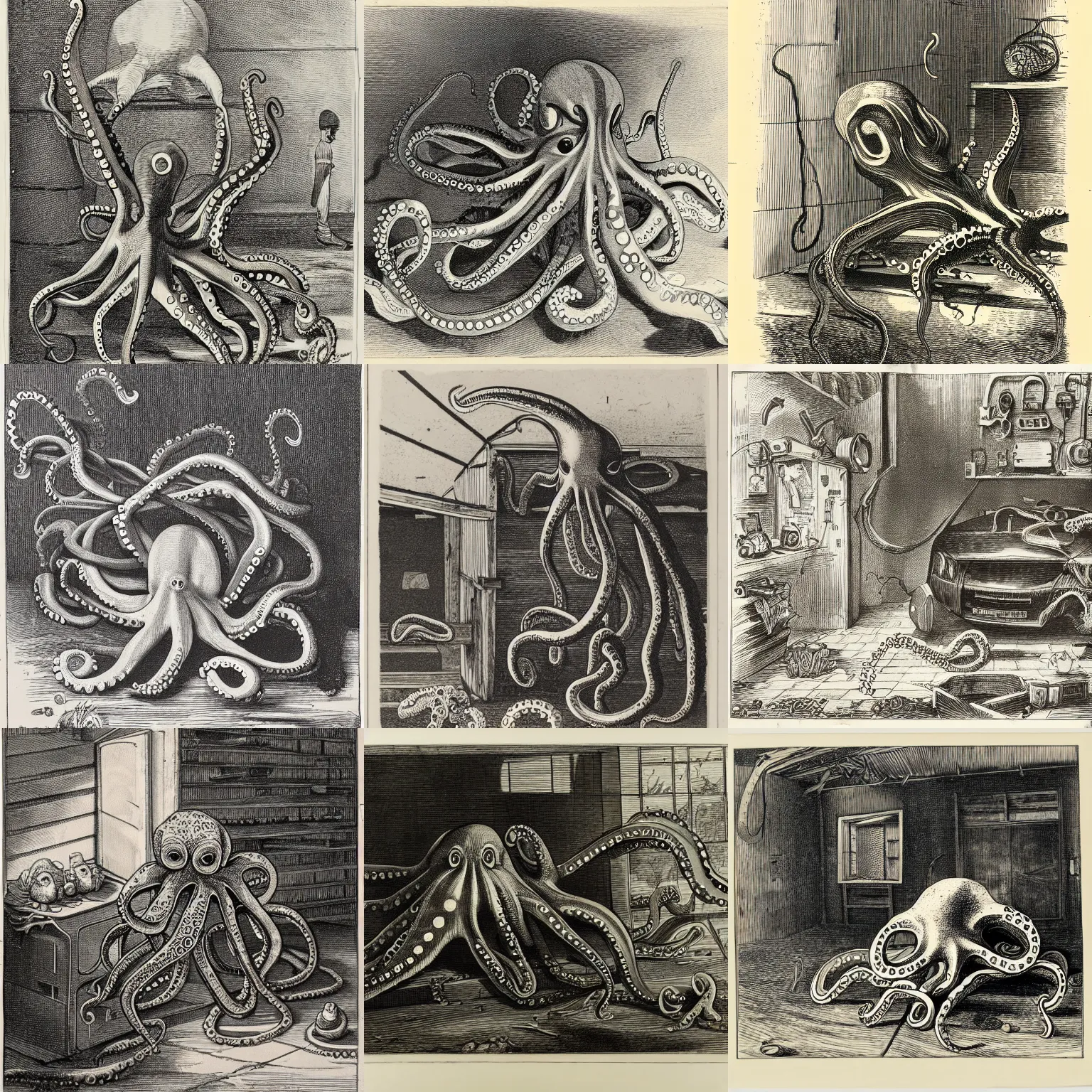 Prompt: an octopus lost in a garage, engraving, ink