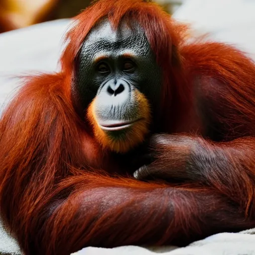 Image similar to photograph of an orangutan just waking up in a bed full of blankets, 4 k, full hd, highly detailed, close up