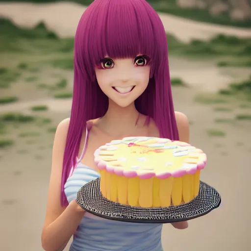 Image similar to Render of a beautiful 3d anime woman holding a birthday cake to show the camera, long light pink hair, full bangs, hazel eyes, cute freckles, full round face, smug smile, Chinese heritage, cute checkerboard sundress, golden hour, serene beach setting, medium shot, mid-shot, hyperdetailed, trending on Artstation, Unreal Engine 4k