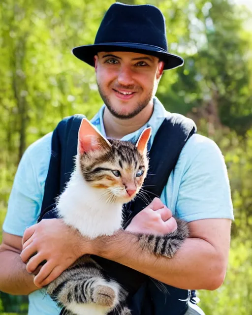 Image similar to gentlemen wearing a hat and wearing a baby sling on the back with a kitten in the sling, color studio portrait, golden ratio, backlit, happy, detailed eyes