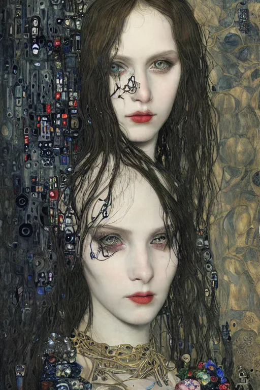 Image similar to portrait of beautiful young gothic maiden, cyberpunk, highly detailed, artstation, illustration, art by Gustav Klimt