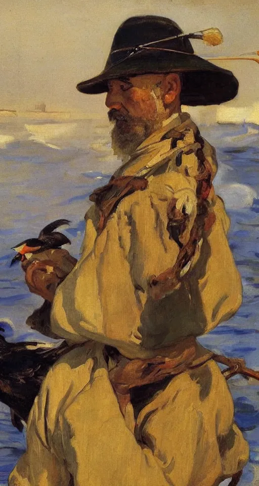 Image similar to orientalist portrait painting of a fisherman with a cormorant on his shoulder, by joaquin sorolla, in romantic style, sfumato, high detail, masterpiece