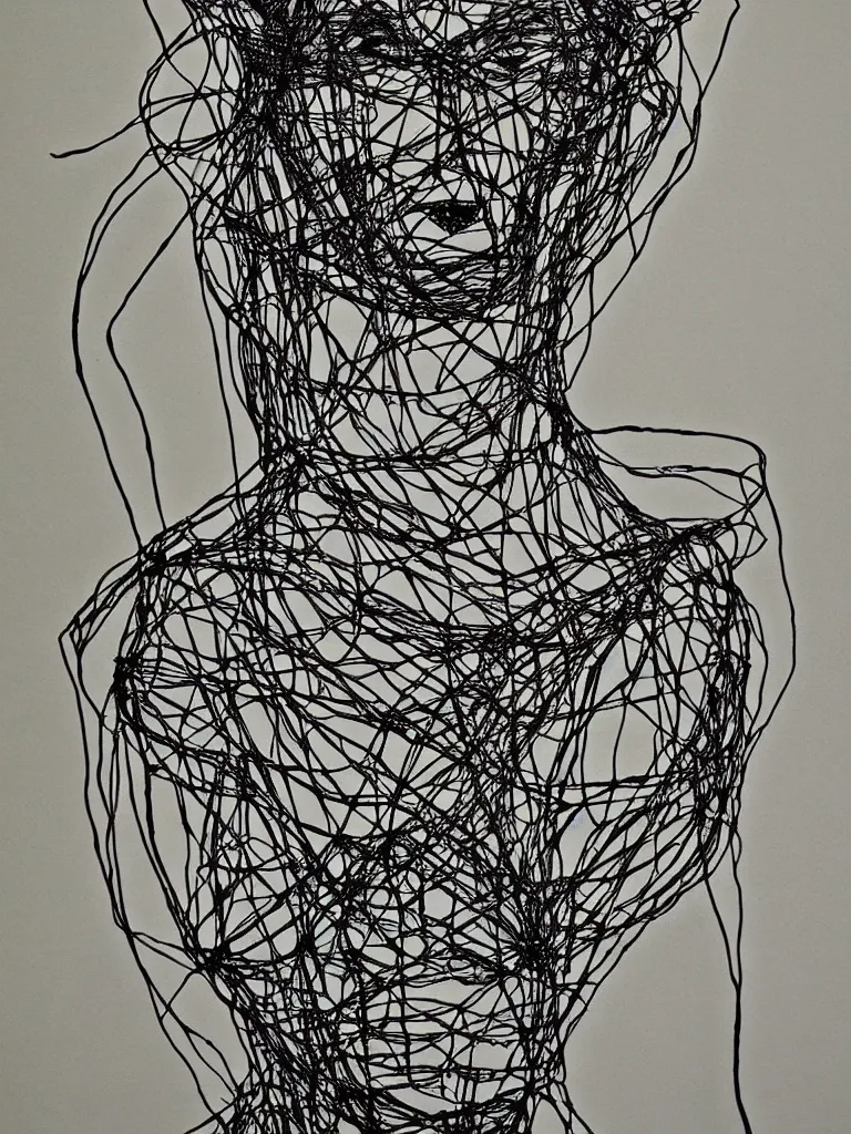 Image similar to metal wire art about an elegant woman. portrait influenced by egon schiele.